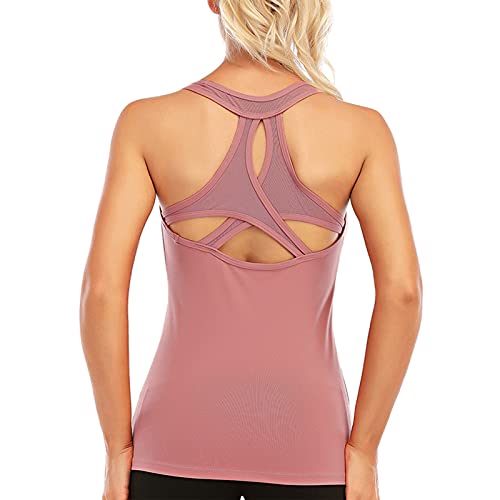 Image of Women's Padded Sports Bra Removable Strappy Longline Yoga Tank Top Workout Crop Criss Cross Back Fitness Top, Pink No Bra, Medium