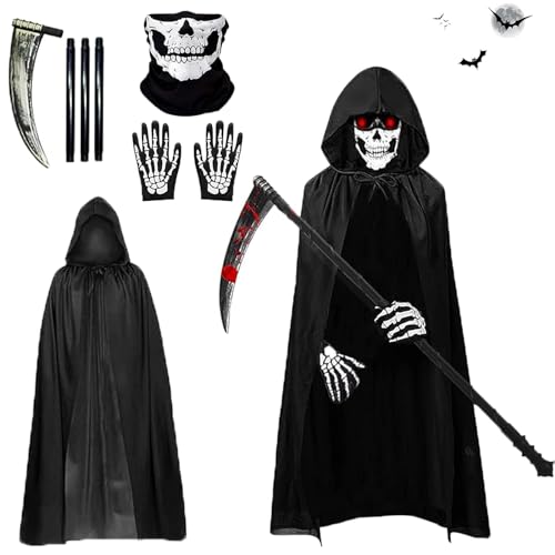 Gxlaihly Disfarce de parca para adultos, Dia das Bruxas, disfarce da morte, com capuz, máscara de caveira, luvas, foice, disfarce de parca, conjunto de disfarces de reaper de Halloween (Adulto-B)