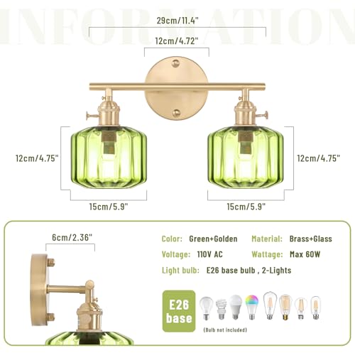 Image of Bathroom Vanity Lighting Mid Century Wall Sconce 2-Light Farmhouse Gold Brass Brushed Bathroom Wall Light Fixtures with Green Striped Hand Blown Glass Shade for Bedroom Living Room