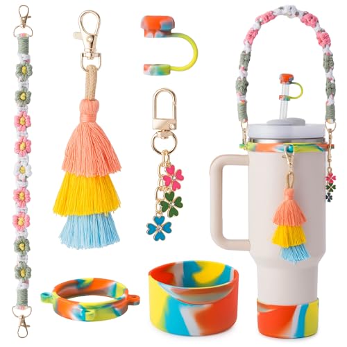 6Pcs Gradient Hot Pink Stanley Cup Accessories Set for 30oz 40oz Tumbler Water Bottle Handle Strap Boot, Siliocne Straw Cover, Stanley Keychain Charms Gifts