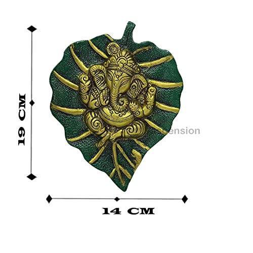 Image of ascension Ganpati Metal Green Lord Leaf Ganesh Idol Patta Statue Decorative Wall Hanging Showpiece Figurine (Green & Golden)