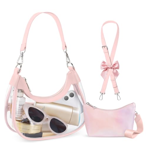 crawing Small Clear Bag for Stadium Events Clear Shoulder Bag for Stadium Approved with Wristlet Wallet for Concerts Sports Events (Pink)