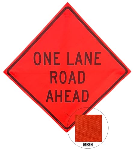 Image of 36 inchx36 inch One Lane Road Ahead Mesh Sign & Steel Spring Stand