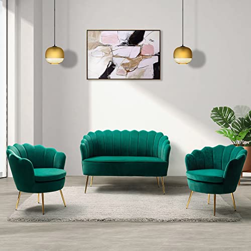 Image of HULALA HOME 3 Piece Velvet Living Room Furniture Set, Including Loveseat & 2 Sofa Chairs, Modern Comfy Upholstered 2-Seater Sofa & Accent Chair Set for Bedroom, Flower Shaped Back & Gold Legs, Green