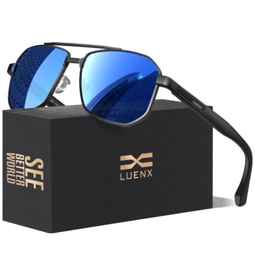 Image of Luenx Aviator Polarized Sunglasses for Men: Square UV400 Driving | Big Head Fit,Adjustable Nose Pads,Lightweight,Anti-slip,Impact-resistant,Scratch-Resistant,Glare Reduction,Gift-Ready Set