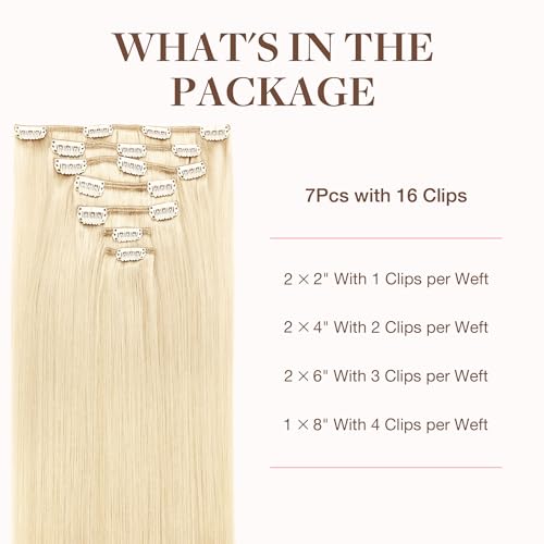 Image of GOO GOO Clip in Hair Extensions Real Human Hair, Remy Human Hair Extensions Clip ins for Women, Natural Human Hair, 14inch 120g 7Pcs, 613R Bleach Blonde