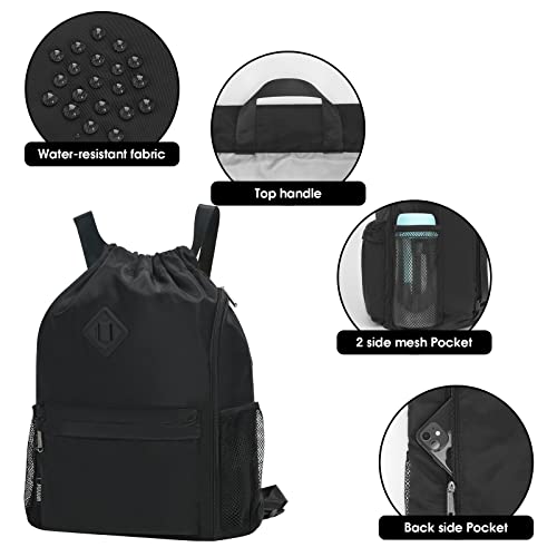 Wandf Drawstring Backpack Sports Gym Bag With Shoes Compartment, Water-Resistant String Backpack Cinch For Women Men (Large,Black) #TOP5