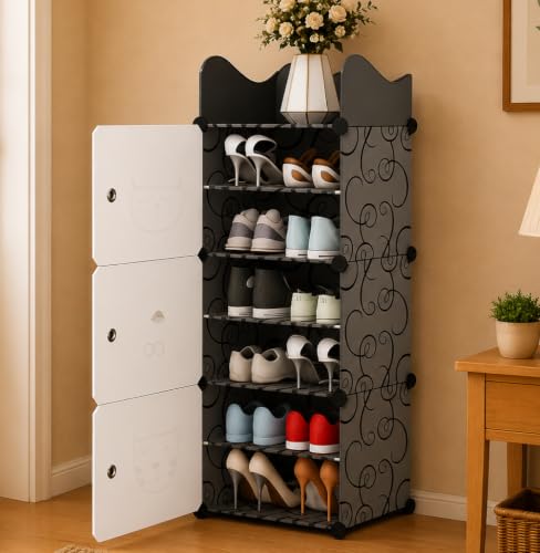 Sunderlook Shoe Rack Plastic for Home- Shoe Stand, Chappal Stand, Professional Multipurpose Foldable Standing Comfort Runner Shoe Rack with Door, Slipper Stand (Black & White, 6 Shelf 3 Door)