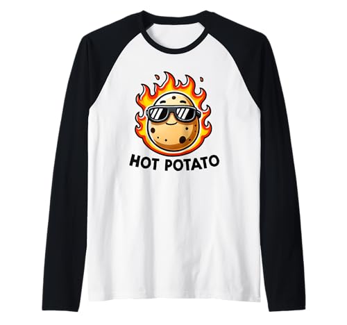 Lindo Juego de palabras de comida divertida de dibujos animados Kawaii en el fuego Patata caliente Camiseta Manga Raglan