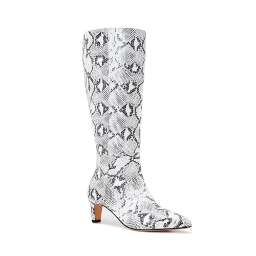 Wide Calf Plus Size Snakeskin Knee High Boots for Women – White Snake Print Dress Boots with Kitten Heel, Stylish Party & Fall Fashion Shoes