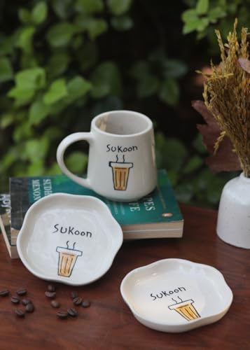 Image of WEAVING HOMES Handcrafted Ceramic Mug 300 ml & Dessert Plat (Set of 2, Multicolor) - Coffee Mugs and Dessert Plates for Birthday Gifts, Mugs for Office and Travel