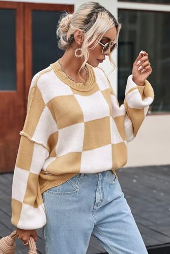 Image of Women's Casual Crew-Neck Long Sleeve Sweater Checkered Pullover Knit Sweaters Jumper Top