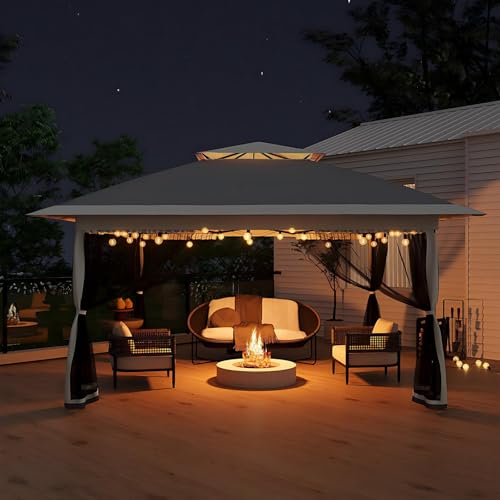 Garvee 13x13FT Pop Up Gazebo with Mosquito Netting Outdoor Canopy Tent Easy Setup for Backyard Patio Garden Deck Grey