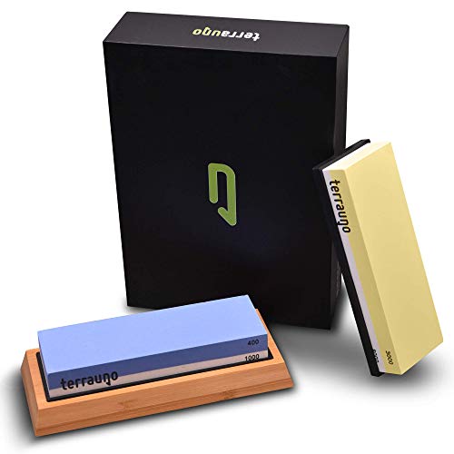 TerraUno Schleifstein 4 in 1 Set Körnung: 400/1000 & 3000/8000 - Wetzsteine zum Schärfen und Schleifen von Messern - Abziehstein inklusive Zubehör zum Schärfen von Messern Cover