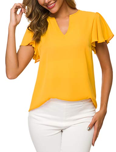 Women's Casual Ruffled V Neck Chiffon Blouse Short Sleeve Office Work Elegant Shirt Vintage Basic Tops4