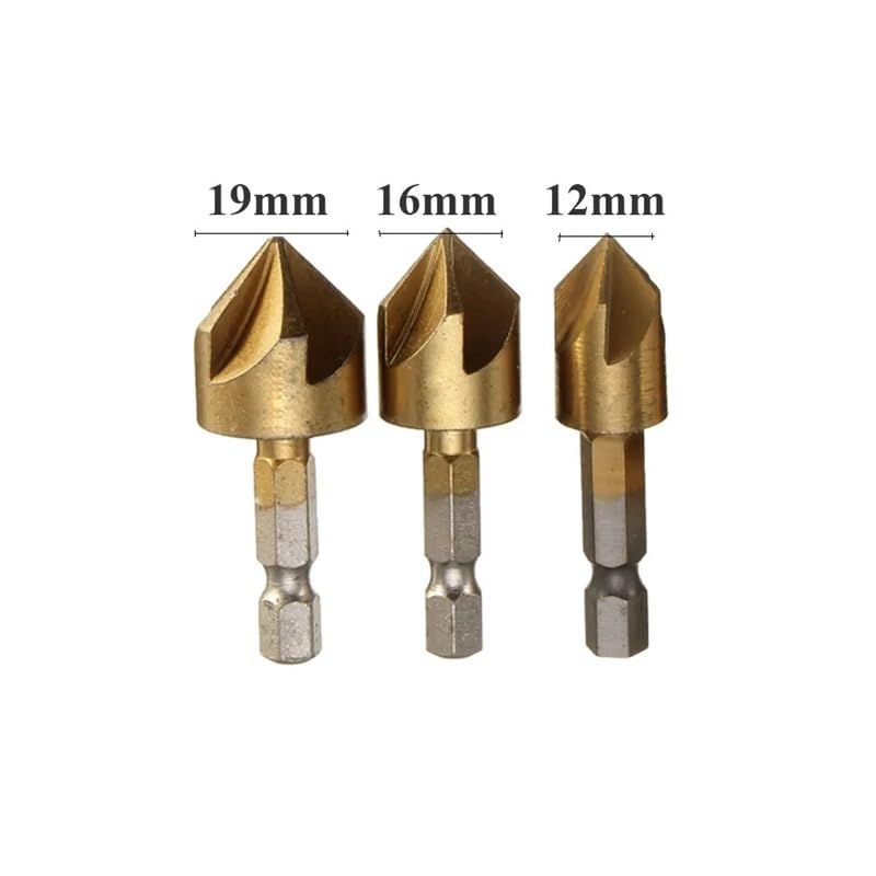 3PCS 5 Flute Chamfer Countersink 1/4" Hex Shank HSS Wood Chamfering Cutter Chamfer 12/16/19mm Countersink Drill Bit DIOBFZFY