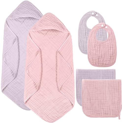 Image of Hahafelt 6 Pcs Baby Hooded Towels Washcloths and Bibs Set Muslin Cotton Soft Absorbent Baby Bath Towels for Boys Girls Newborn Infant Essentials(Pink, Purple)