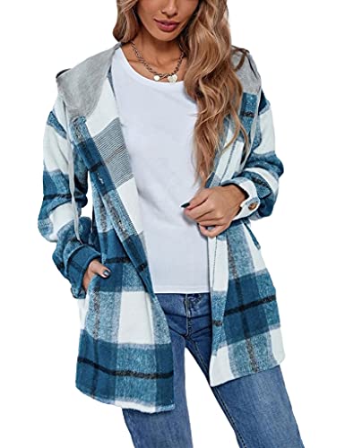 HangNiFang Womens Plaid Flannel Hoodie Shirts Long Sleeve Button Down Jacket Coats