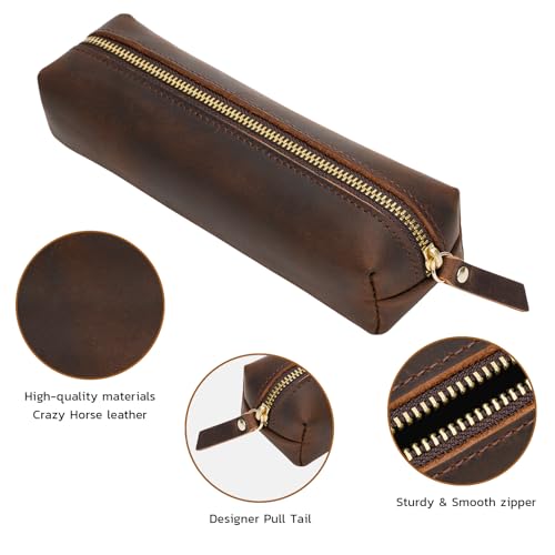 Image of ECHSRT Small Genuine Leather Pencil Pouch for Adults, Coffee | Crazy Horse Leather Finish, Compact Writing Instrument Storage