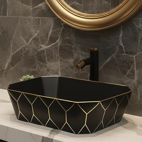 Image of BASSINO 20x14x6 Inches Ceramic Counter Top Wash Basin /1 Year Warranty /Rectangular Tabletop Basin for Bathroom /Above Counter Sink for Dining Hall /Living Room /Hotel /Office(Black & Gold Finish)