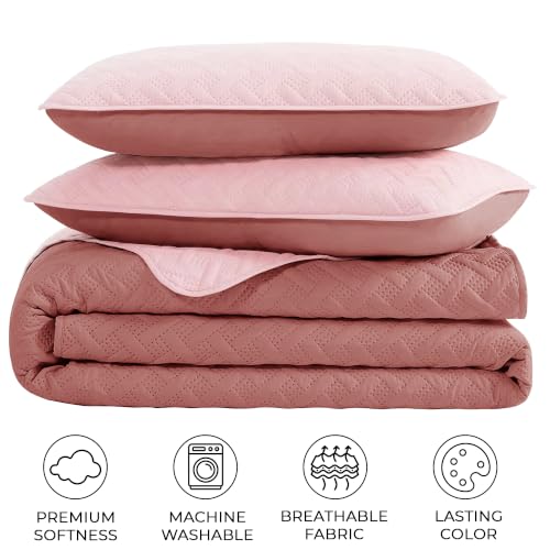 Image of Story@Home Reversible Quilted Bedsheet | 400 TC Ultrasonic Bedspread AC Blanket | Comforter for Double Bed Quilted Bedcover for Double Bed with 2 Pillow Cases 250x225 CM - Peach & Terracota