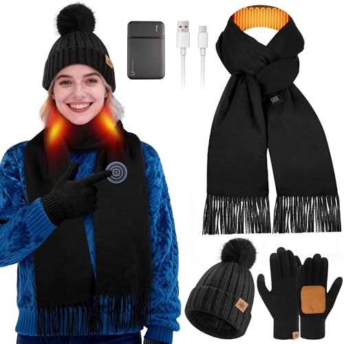 KLADNDER Heated Scarf for Women 3Pcs Heated Scarf for Men Hat Gloves Set USB Rechargeable 5000mAh Battery Intelligent Neck Warmer 3 Temperature Settings Heating for Long Lasting Winter Warmth