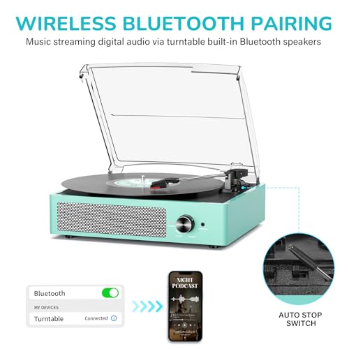 Image of Record Player for Vinyl with 2 Build-in Speakers LP Vinyl Players Belt-Driven Vintage Turntables 3 Speed 3 Size, Wireless Bluetooth Playback, AUX-in, RCA Out, Headphone, Auto Stop,Water Blue
