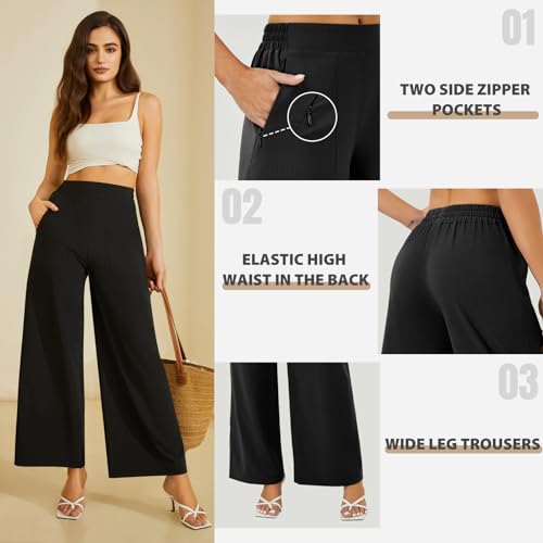 FireSwan Women's Wide Leg Work Pants High Elastic Waist Dress Palazzo Pants Trousers with Zipper Pockets3