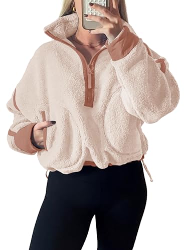 Panadila, Damen Fleece-Pullover mit halbem Reißverschluss, weich, warm und locker geschnitten, mit Taschen und kuscheligem Teddyfleece für hohen, Beige, S
