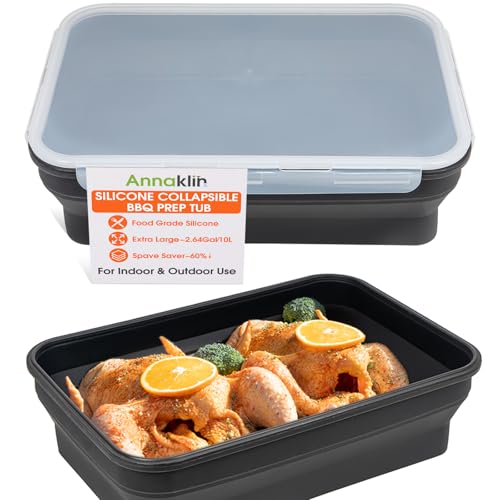 Silicone Collapsible Marinating Container with Lid for Meat, Extra Large Collapsible BBQ Prep Tub, 2.64Gal/10L, Transparent Locking Lid, XL Grill Prep Trays and Carry System, BBQ Must-Have, Black