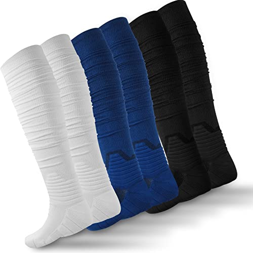 Jeyiour 3 Pairs Scrunch Football Socks Non Slip Extra Long Tube Multi Sport Knee High Soccer Athletic Socks for Unisex Men and Women White Blue Black
