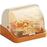 FiveLn 水切りラック 食器を置く ふた付き キッチン 台所 店舗 お店 飲食店 皿乾燥 コップホルダー 水切り 食器 洗い物 カゴ シンク 流し台 皿洗い キッチン収納ケース お皿 コップ 収納 防塵 ウォーターカップ ワイングラス 排水トレイ (オレンジ色,S)