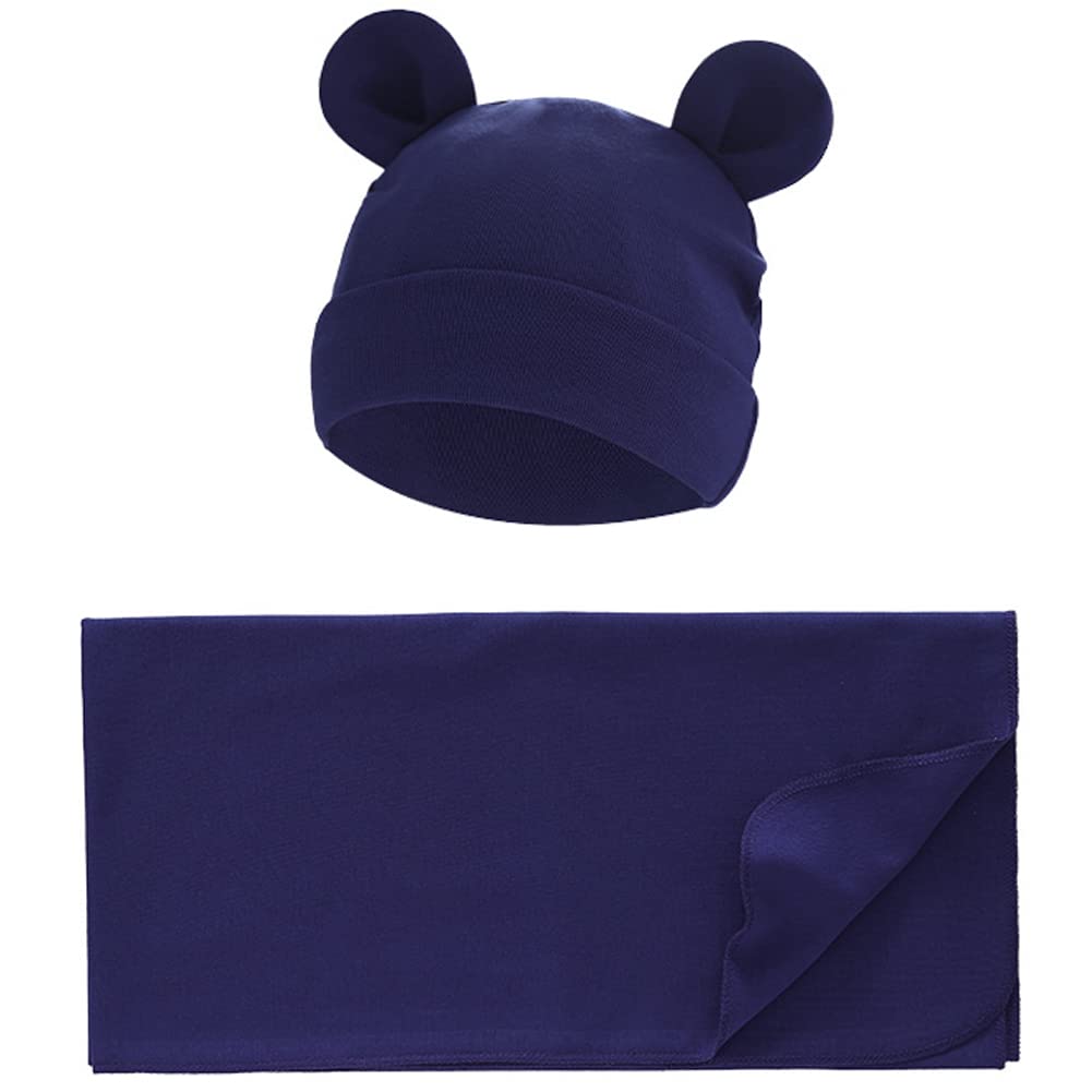 Unisex Baby Swaddle Blanket with Hat Set Newborn Swaddle Receiving Blankets Sleep Sack for 0-3 Months Boys Girls(Navy)
