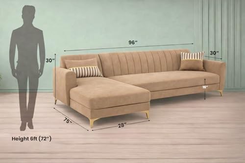 Image of Adorn India Premium Luster 6 Seater L Shape Sofa Set | Velvet Suede Fabric | 3-Year Warranty | LHS |Color Camel with Golden Legs & Striped Pattern Cushion