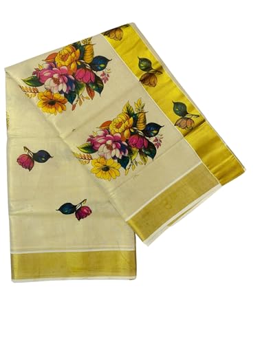 Women's Kuthampully Kerala Kasavu Saree Tissue Mural Hand Printed...