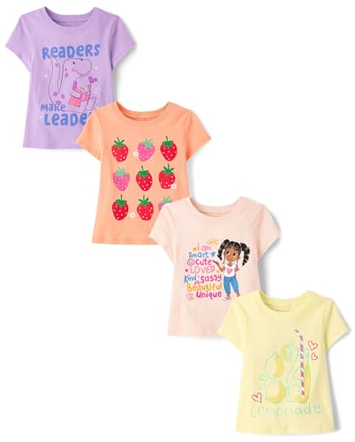 The Childrens Place Baby Girls and Toddler Unicorns Butterflies Trends Short Sleeve Graphic T-Shirts 4 Pack Lemonade/Readers/Words/Strawberries 4 Years