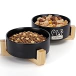 Nobleza Ceramic Cat Bowls Set with Bamboo Stand, Stackable Double Ceramic Cat Food Water Bowl, 2x400ml/13.5OZ Non-Slip Pet Feeding Bowls for Cats Kittens And Puppies, 13x13x5cm Black