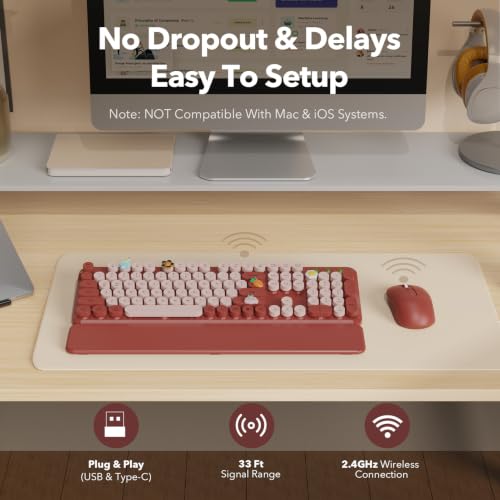 Image of Wireless Keyboard and Mouse Combo, Round Keycaps, Full-Size Retro Typewriter Keyboard with Magnetic Wrist Rest, Tilt Legs, 2.4GHz Cordless for Mac, Windows PC, Laptop, SABLUTE CK23, Burgundy Red