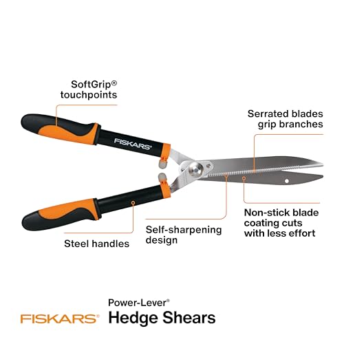 Image of Fiskars 23-Inch Power-Lever Hedge Shears, Self-Sharpening Precision-Ground Steel Blades, For Trimming /Shaping Hedges and Shrubs in Your Garden, Lawn and Yard Tools, Black /Orange