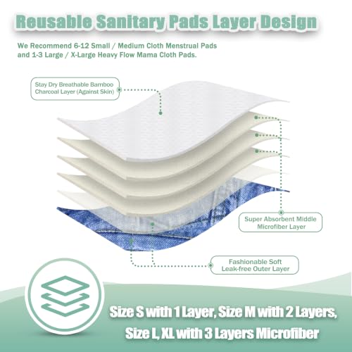 Image of wegreeco Charcoal Reusable Menstrual Pads - Reusable Sanitary Pads | Reusable Panty Liners | Soft Cloth Menstrual Pad- 6 Pack with 1 Cloth Mini Wet Bag (Classic Jeans, Large)