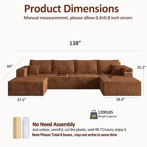 Image of 138 inch Modular Sectional Sofa, U-Shaped Cloud Couch with Deep Seats & Chaise, Convertible 4-in-1 Corduroy Boneless Couches for Living Room, No-Assembly - Blue (Right Facing Chaise)