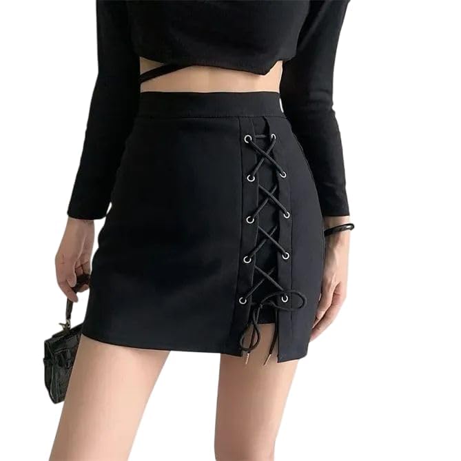 mystify Women's Black Mini Skirt with Side Lace-Up Detail, High Waist, Gothic Style Skirt for Women-picture-26