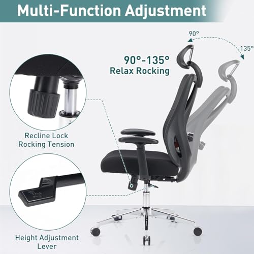 Image of Sweetcrispy Home Office Desk Chair,2D Armrest Adjustable Lumbar Support & Headrest,Ergonomic High Back Rolling Work Swivel Computer Chairs with Wheels,135Tilt Function, Inky