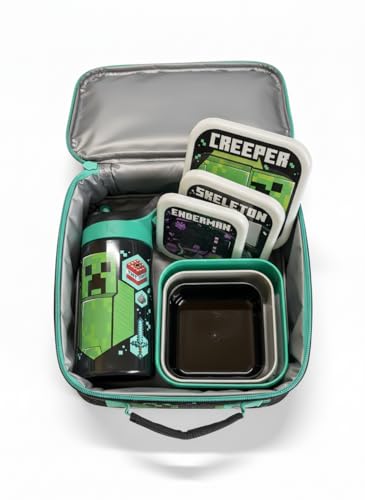 Minecraft 5 Piece Lunch Set Kids School Lunch Bag, 450ml Lockable Water Bottle, 3 Nesting Snack Boxes Featuring Creeper, Skeleton, Enderman - Gift for Minecraft Fans