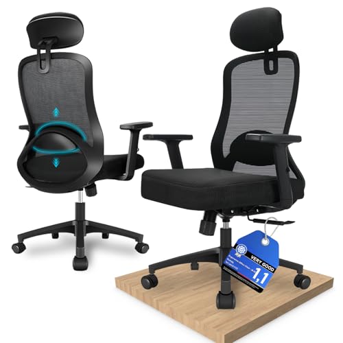 Durrafy Office Chair with Headrest, Ergonomic Desk Chair with 90°–130° Lockable Reclining Function, Adjustable 4D Lumbar Support, Breathable Mesh Swivel Chair up to 150KG, Black