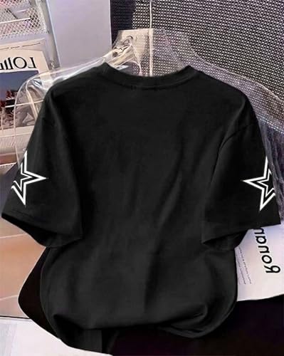 Image of Women's Typography Round Neck Cotton-Blend T-Shirts, Oversized Drop Shoulder Boho Style T-Shirt