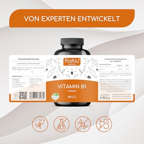 Vitamin B1 (Thiamin) Hochdosiert, 250 mg pro Kapsel - 6 Monatsvorrat: 180 vegane Kapseln - Premium Vitamin B1, hohe Bioverfügbarkeit & laborgeprüft - Ohne unerwünschte Zusätze, Raibu