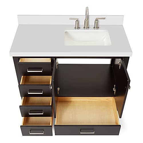Ariel 43" Espresso Bathroom Vanity W/ 1.5" Edge Italian Carrara Marble Countertop & Backsplash | Right Rectangular Sink | 2 Soft Closing Doors & 5 Full Extension Dovetail Drawers | Satin Nickel Pulls #TOP4