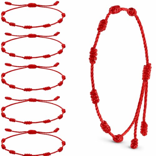 6 Pulseras de Hilo rojo Ajustable con 7 Nudo Amuleto para Protección, Mal de Ojo y Buena Suerte, 6 Adjustable Red Thread Bracelets with 7 Knot Charm for Protection, Evil Eye, and Good Luck