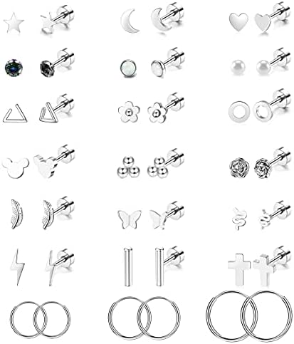 21 Pairs Stainless Steel Earrings Set for Women Men Star Moon flower Snake Leaf 20G Cartilage Earrings Set Hypoallergenic Flatback Earrings Piercing Jewelry